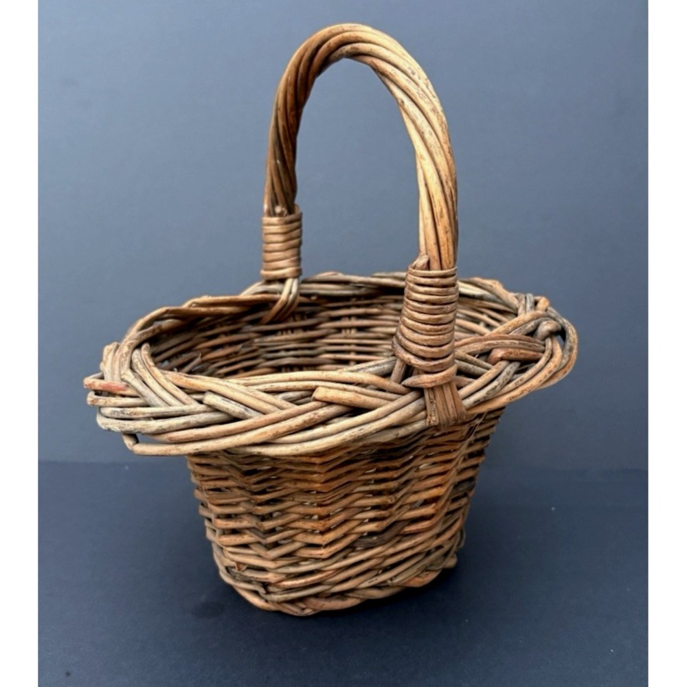 Vintage miniature child's gathering woven wicker willow basket flare rim EVC